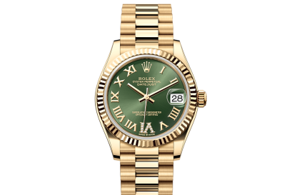 replika Rolex Datejust 31 Oyster 31 mm gult guld Olivengrøn urskive M278278-0030