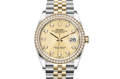 replika Rolex Datejust 36 Oyster 36 mm Oystersteel gult guld og diamanter Gylden riflet motivskive M126283RBR-0031