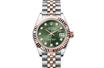 replika Rolex Lady-Datejust Oyster 28 mm Oystersteel og Everose-guld Olivengrøn urskive M279171-0007