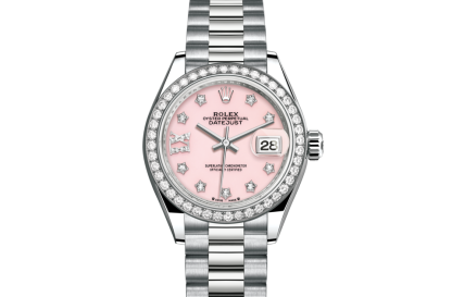 replika Rolex Lady-Datejust Oyster 28 mm hvidguld og diamanter Pink opal urskive M279139RBR-0002