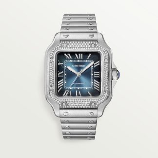 replika Santos de Cartier ur Medium model stål diamanter blå urskive CRW4SA0006